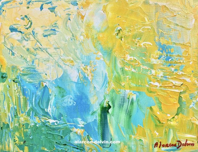 tableau abstrait turquoise jaune peinture peint main artiste peintre Danielle Alarcon Dalvin