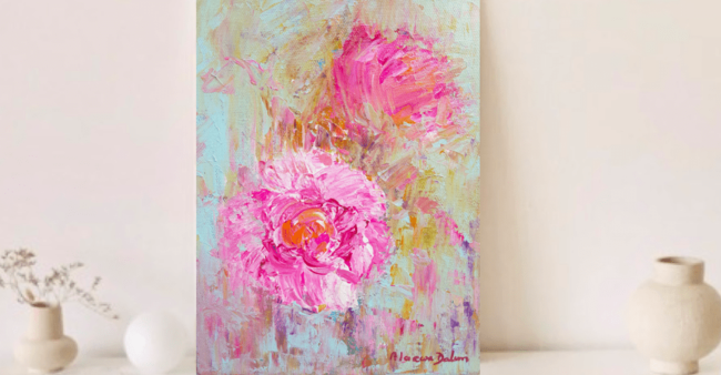 tableau contemporain abstrait bleu turquoise or fleurs roses peint main artiste peintre Alarcon Dalvin