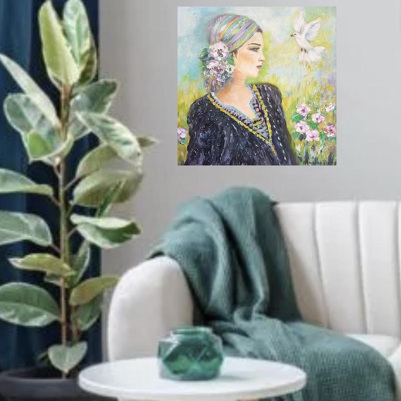 tableau femme et la colombe peinture turquoise vert Jane rose peint main artiste peintre Alarcon Dalvin