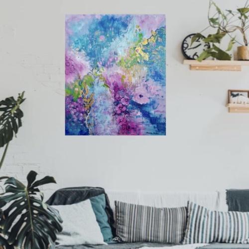 tableau abstrait bleu or rose sur toile décoration murale artiste peintre Alarcon Dalvin