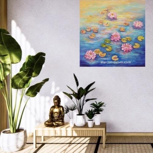 Tableau sur toile nénuphars roses peint main format carré turquoise jaune rose