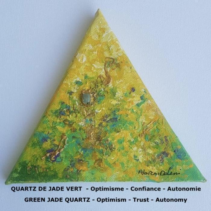Tableau abstrait moderne acrylique relief jaune vert turquoise or argent triangulaire fait main Alarcon Dalvin pierre quartz jade vert.jpg
