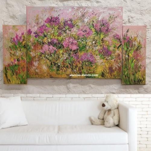 Fleurs Poétiques - tableau abstrait triptyque rose, vert, jaune, peint main horizontal grand format  artiste peintre Alarcon Dalvin 