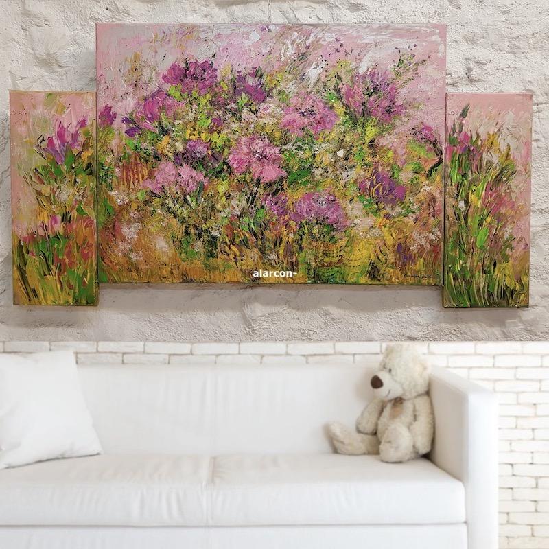 tableau peinture fleurs modernes triptyque rose vert jaune fait main peinture acrylique sur toile artiste peintre Alarcon Dalvin