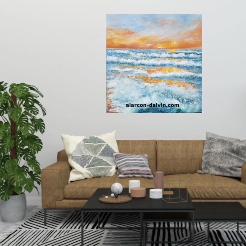 tableau sur toile de la mer peinture coucher de soleil décoration intérieure artiste peintre-alarcon dalvin