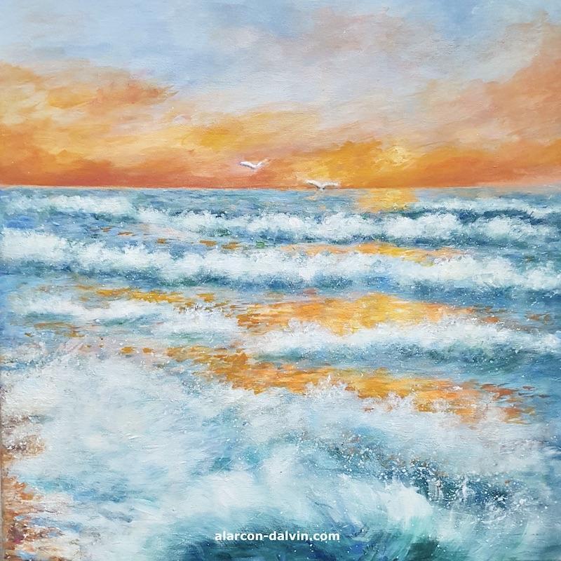 Peinture mer tableau figuratif coucher de soleil et oiseaux couleur bleu orange oeuvre unique peint à la main par artiste peintre Alarcon Dalvin