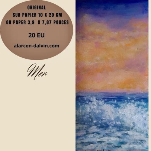 tableau peinture aquarelle mer coucher de soleil bleu jaune orange Alarcon Dalvin