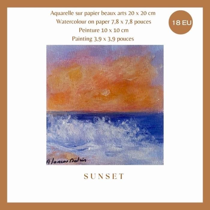 tableau peinture aquarelle sunset carre orange bleu