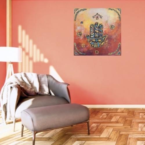 tableau abstrait khamsa peinture orange main de fatma colorée artiste peintre Alarcon Dalvin
