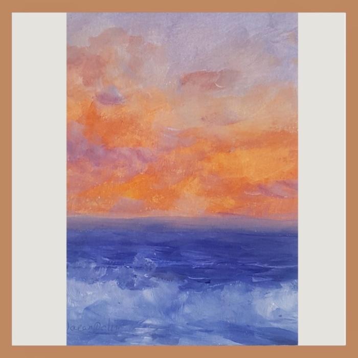 tableau aquarelle mer sunset coucher de soleil couleurs bleu orange Alarcon Dalvin