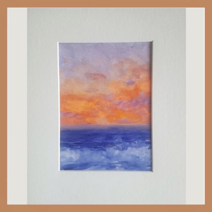 tableau aquarelle sunset bleu orange peInture mer coucher de soleil Alarcon Dalvin