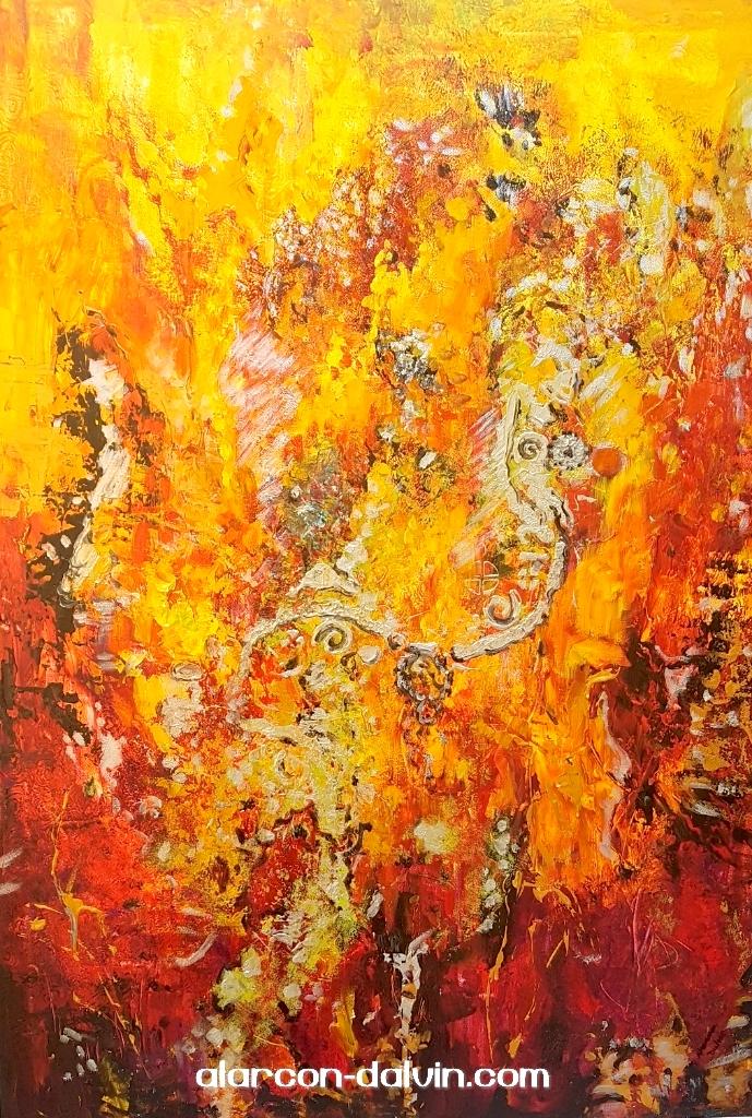 Peinture  abstraite acrylique sur toile rouge jaune orange relief or argent artiste peintre Alarcon Dalvin