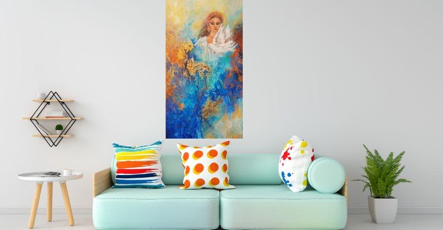 Oeuvre d'art originale peinture contemporaine abstraite bleu jaune orange or visage de femme et colombe artiste peintre Alarcon Dalvin