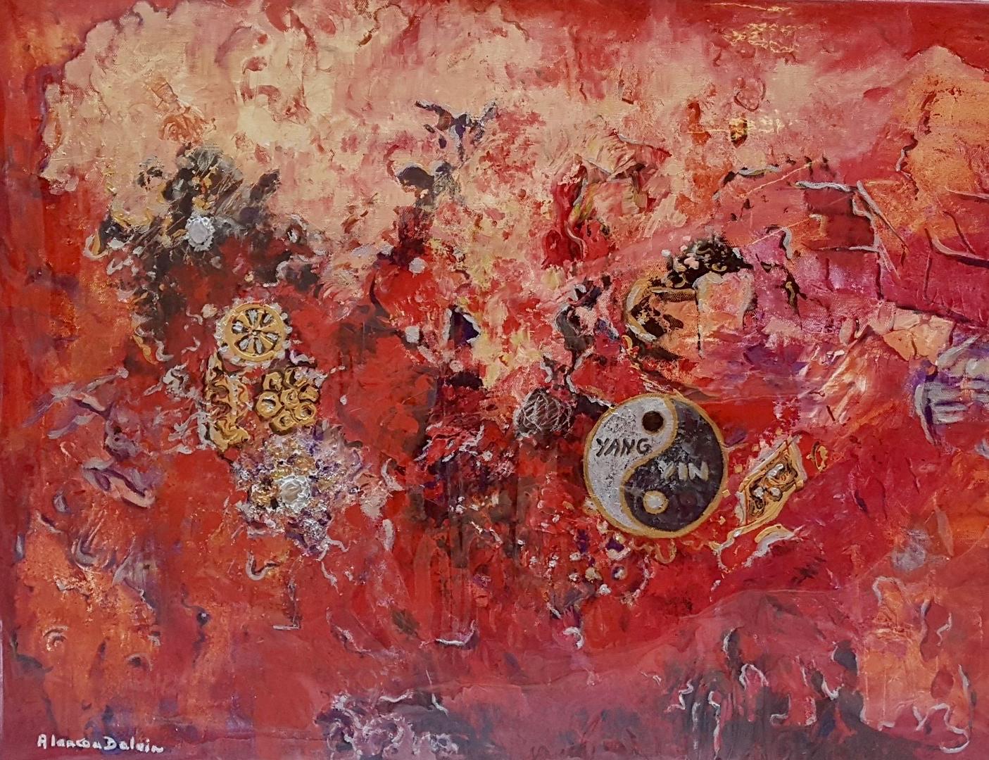 Peinture abstraite à la peinture acrylique tableau horizontal rouge noir argent or en relief