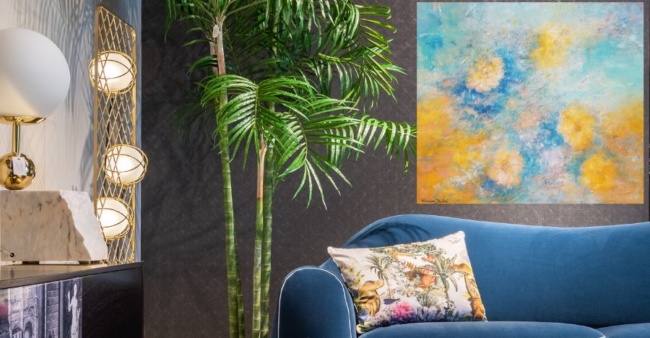 Tableau abstrait sur toile bleu jaune en relief peinture au couteau artiste peintre Alarcon Dalvin