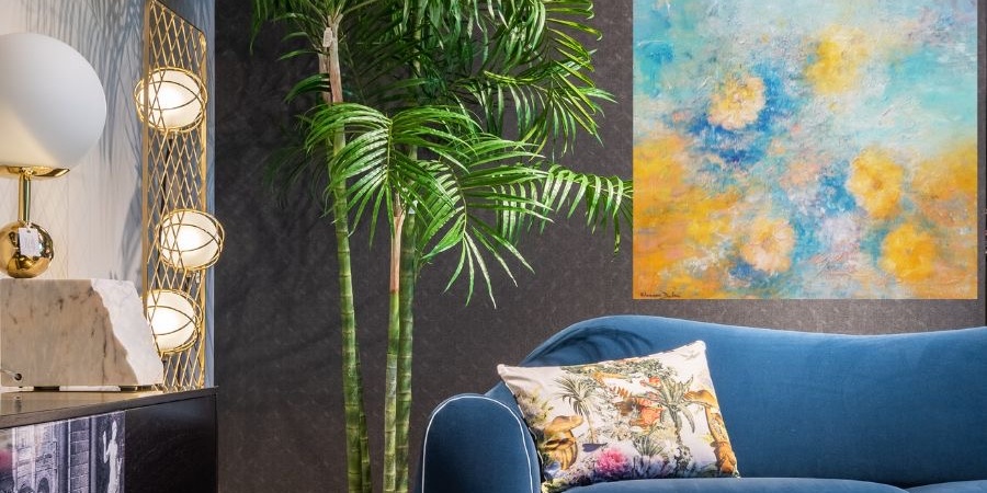 Tableau abstrait sur toile bleu jaune en relief peinture au couteau artiste peintre Alarcon Dalvin