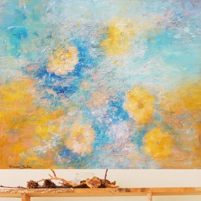 Tableau peinture abstraite fleurs jaune bleu horizontal sur toile