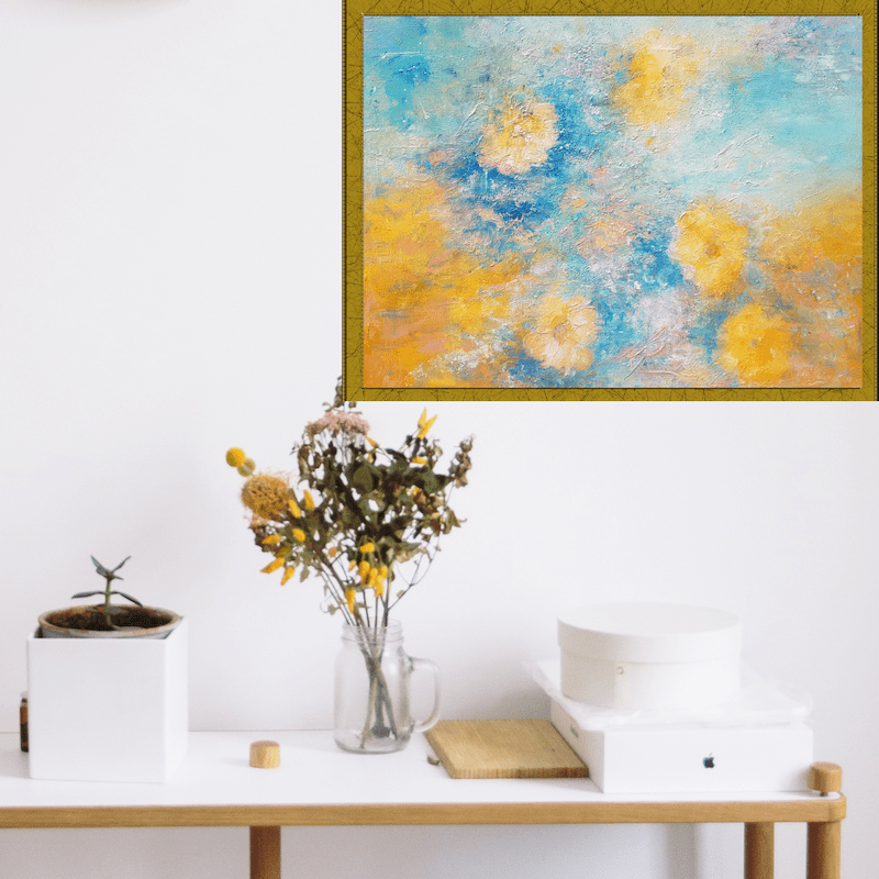 Tableau abstrait bleu aux motifs floraux jaune peinture de fleurs abstraites acrylique décoration salon peint main