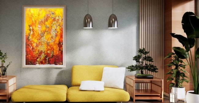 Tableau-peinture-jaune-orange-rouge-en-relief-or-argent-peint-main-alarcon-dalv