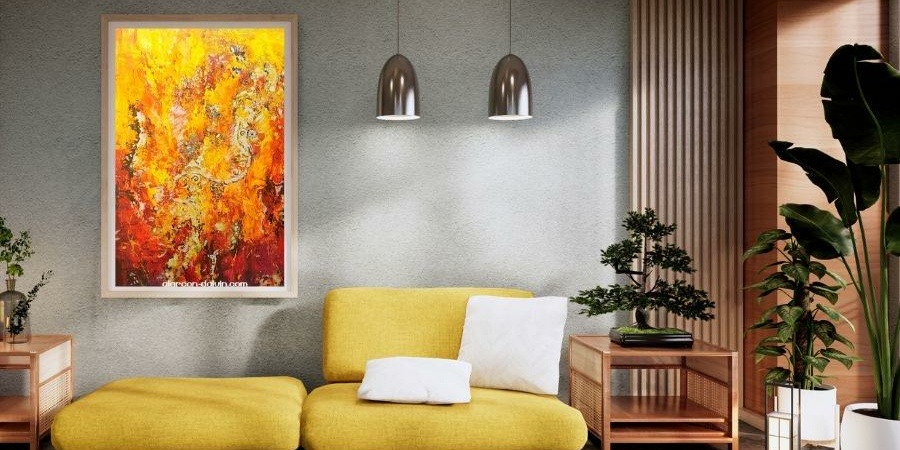 Tableau-peinture-jaune-orange-rouge-en-relief-or-argent-peint-main-alarcon-dalv