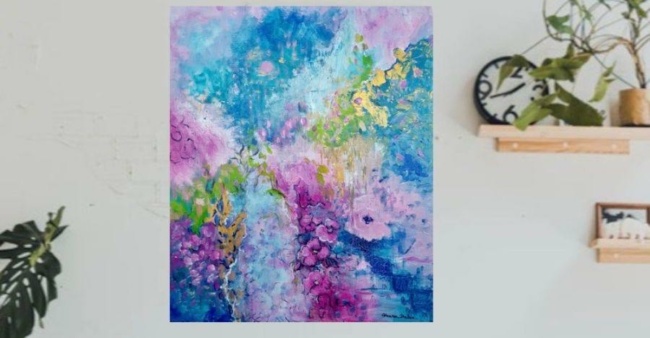 peinture abstraite fleurs grand format turquoise or