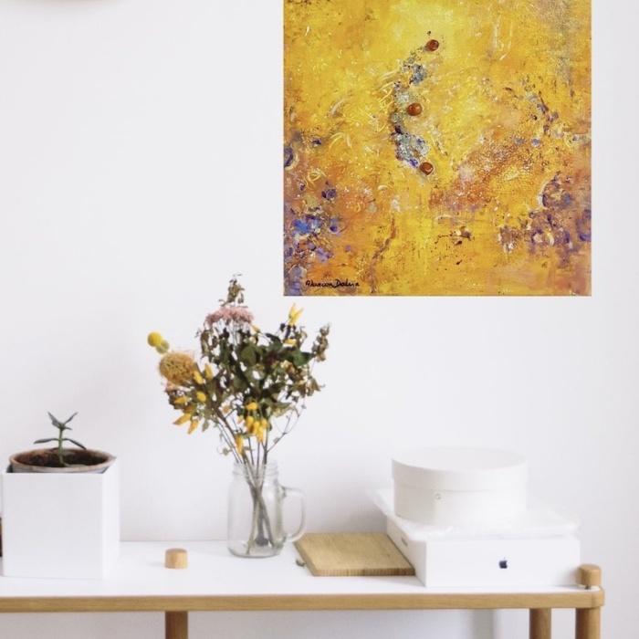 tableau peintre abstrait jaune moutarde orange mauve or argent luna décoration intérieure artiste peintre Alarcon Dalvin