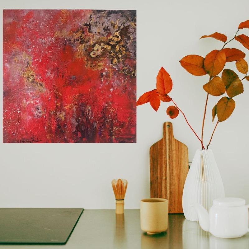 peinture abstraite moderne et contemporaine rouge noir or relief tableau acrylique au couteau