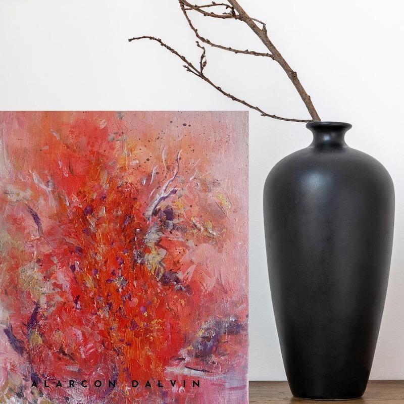 Peinture abstraite moderne rouge orange noir blanc relief or argent au couteau peinture abstraite moderne acrylique tableau abstrait de petit format tableau contemporain à dominante rouge