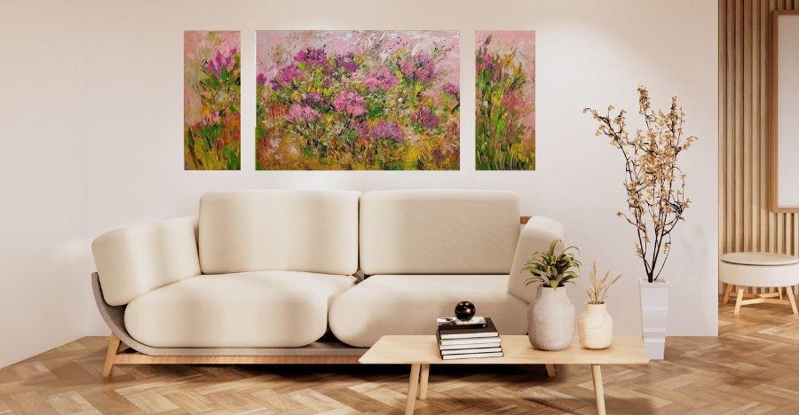 Tableau abstrait fleurs roses en triptyque peint main jolie décoration d'un salon