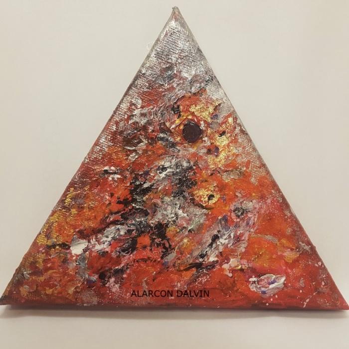 tableau abstrait rouge noir gris blanc relief or argent triangle petit format abstrait