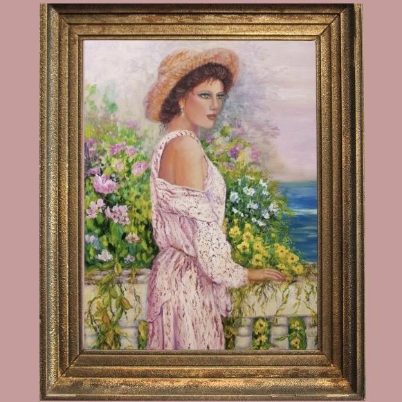 Tableau moderne femme au chapeau bord de mer peinture romantique de femme au jardin appuyée sur une rambarde regardant la mer