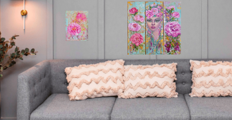 tableau peinture florale couleur rose et turquoise en triptyque sur toile oeuvre unique décoration intérieure
