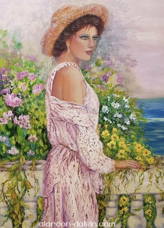 Tableau moderne femme en rose au chapeau bord de mer dans un jardin fleuri avec vue sur la mer