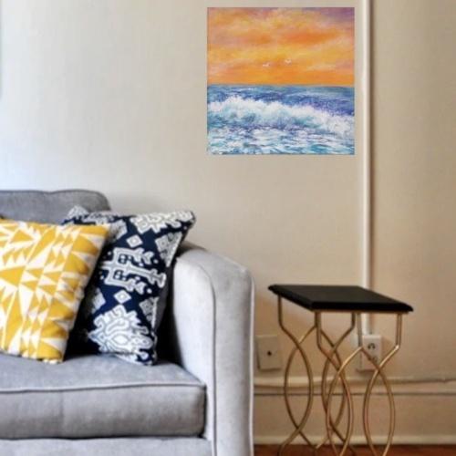 tableau mer paysage marin moderne coucher de soleil peint main artiste peint Alarcon Dalvin