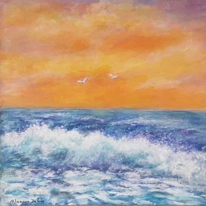 Peinture paysage mer -  Tableau sur toile de la mer peinture coucher de soleil fait main