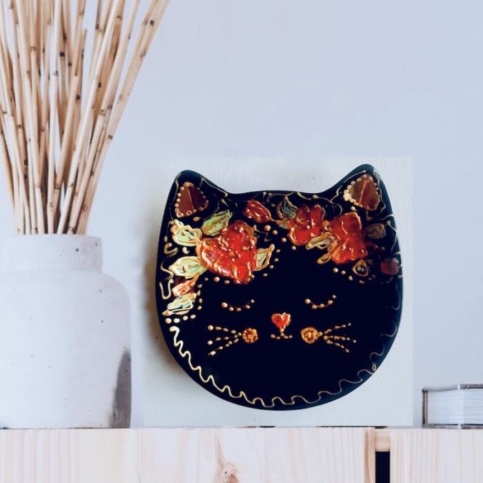 objeobjet chat décoration céramique noire fleurs rouges or fait main