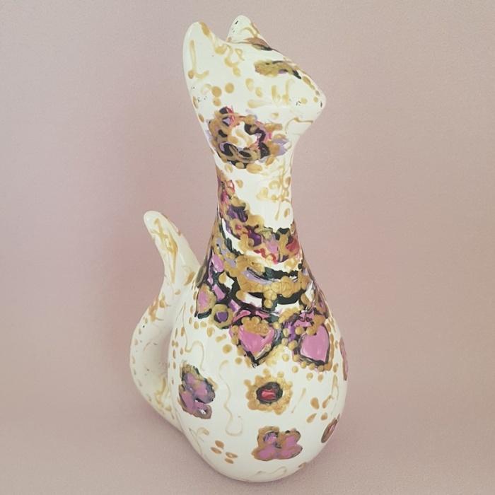 Sculpture création artisanale chat fait main pièce unique blanc rose or