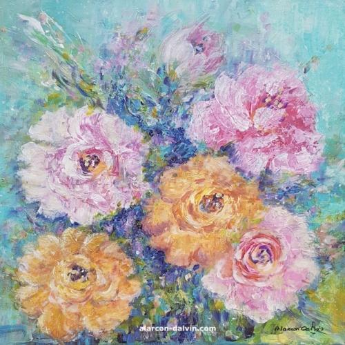 Peinture abstraite moderne fleurs roses jaunes fond turquoise peint à la main sur toile artiste peintre Alarcon Dalvin