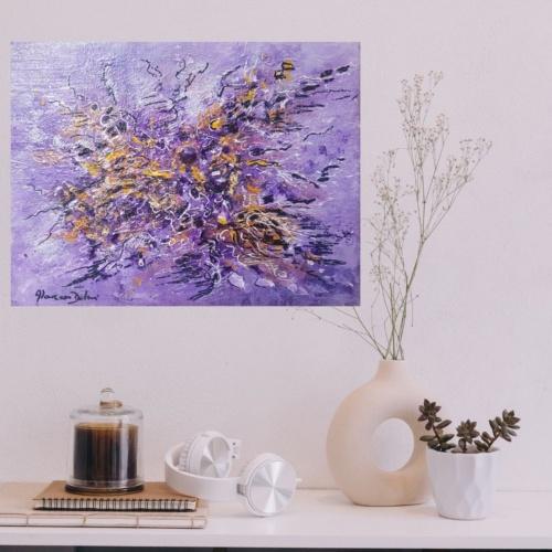 Tableau abstrait violet blanc or argent unique sur toile décoration intérieure