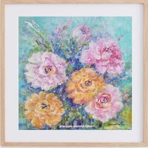 Tableau peinture abstraite fleurs rose jaune turquoise sur toile format carré artiste peintre Alarcon Dalvin
