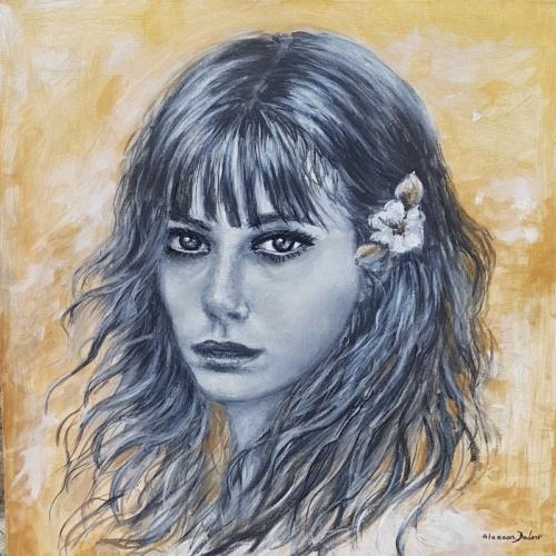 Tableau visage femme noir et blanc peinture portrait peint main