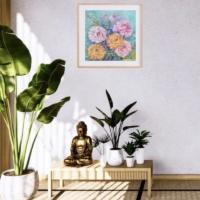 tableau peinture abstraite fleurs rose jaune bleu turquoise décoration murale moderne