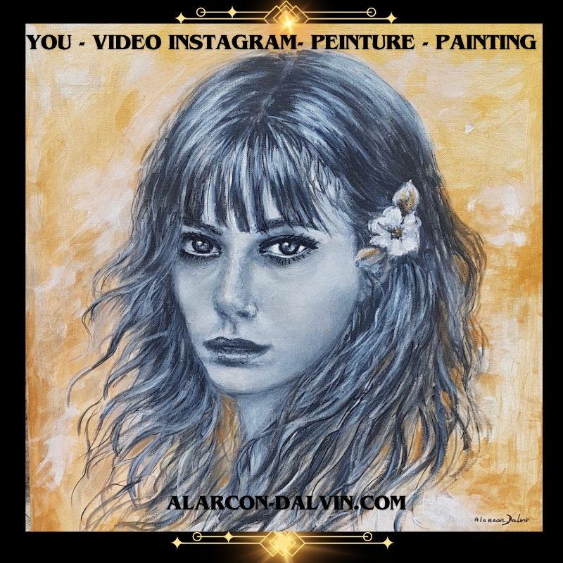video instagram découvrir une peinture visage femme en noir et blanc fond or et argent oeuvre unique peinte a la main