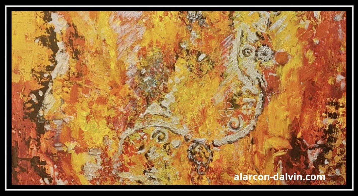 Voir la collection de Peinture abstraite moderne acrylique sur toile orange peint à la main et au couteau par l'artiste peintre contemporain Alarcon Dalvin