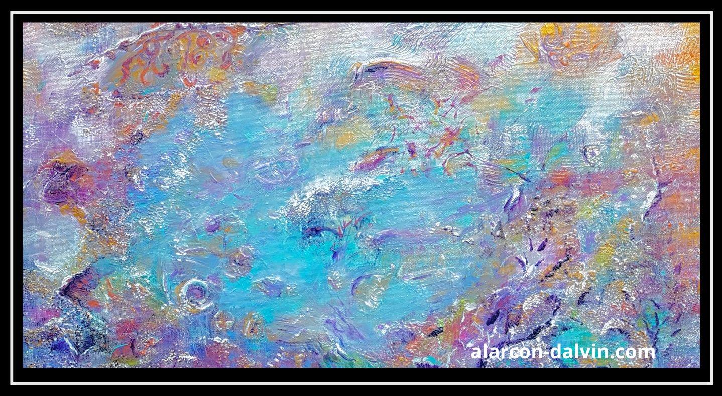 Peintures intuitives acrylique sur toile  bleues de l'artiste peintre contemporain Alarcon Dalvin