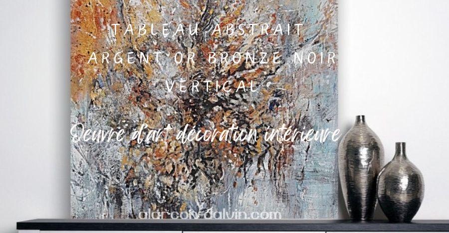 Tableau abstrait argent or bronze noir vertical oeuvre d'art pour une décoration intérieure noire peinture sur toile peint main à l'acrylique peinture abstraite moderne