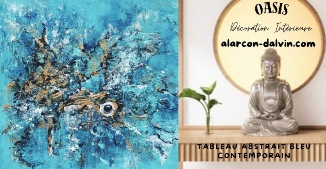 Tableau abstrait contemporain bleu peinture sur toile abstraite peint main et au couteau pour décoration intérieure murale