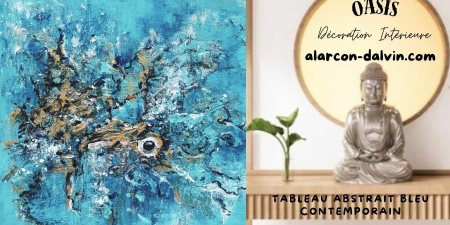 Tableau abstrait contemporain bleu peinture sur toile abstraite peint main et au couteau pour décoration intérieure murale