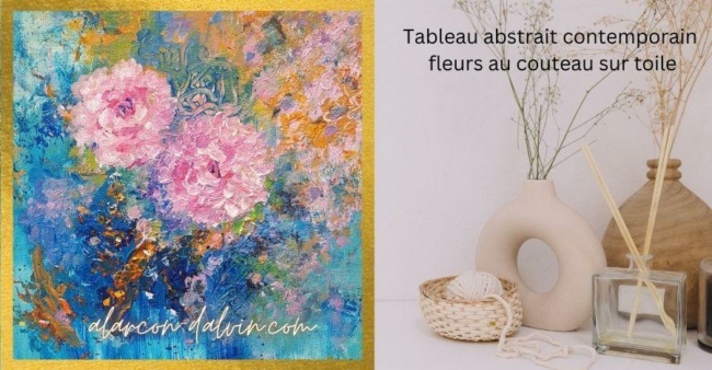 Un tableau abstrait contemporain fleurs au couteau sur toile par un artiste peintre, une peinture sur toile abstraite, Oeuvre d'art bleue pour votre intérieur