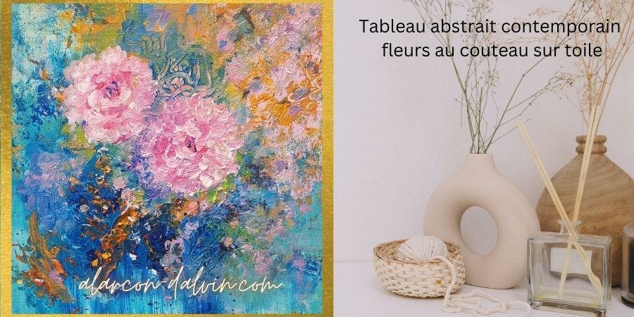 Un tableau abstrait contemporain fleurs au couteau sur toile par un artiste peintre, une peinture sur toile abstraite, Oeuvre d'art bleue pour votre intérieur
